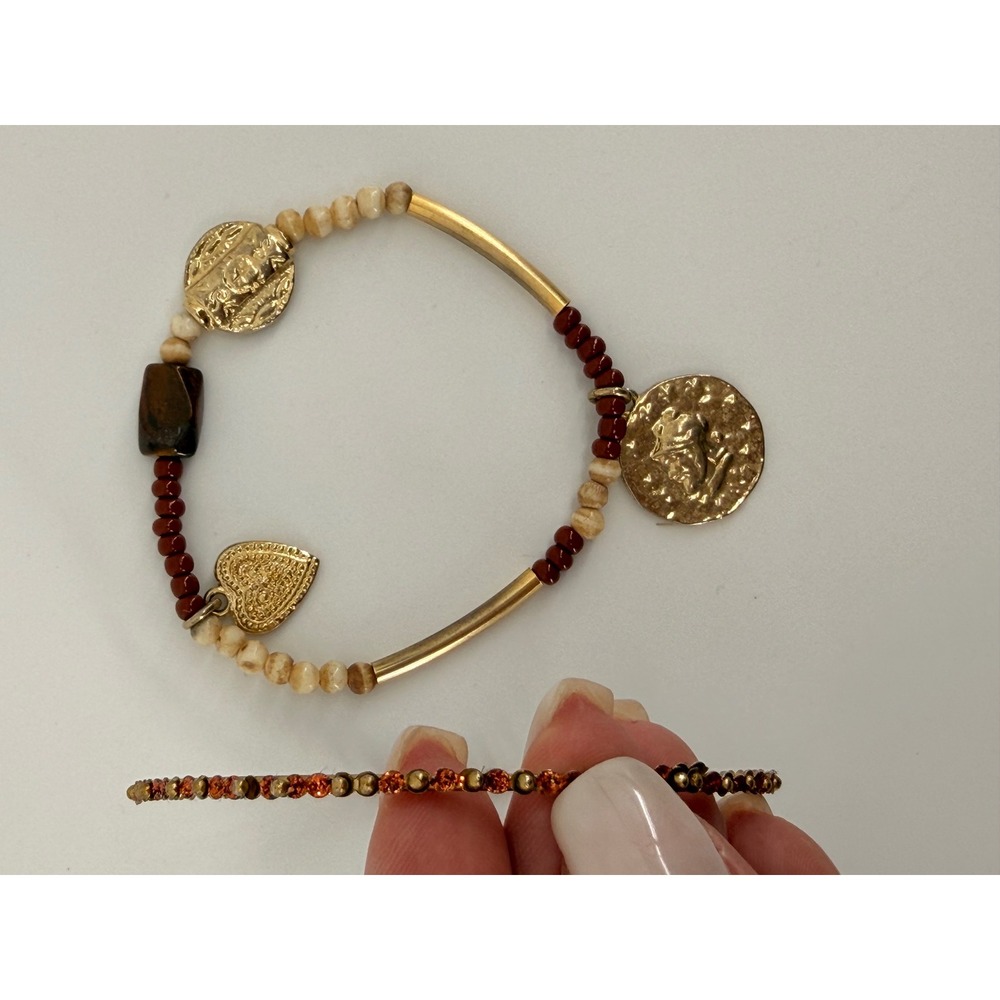 Gold Tone Beaded Charm Stretch Bracelet & Amber Crystal Bangle Set Boho Coin